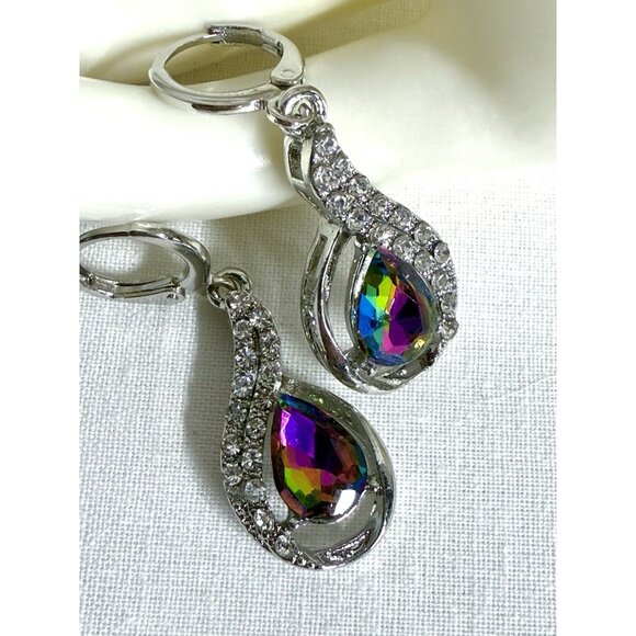 Rainbow Teardrop Crystal & Rhinestone Silver Tone Drop Earrings - Picture 1 of 9